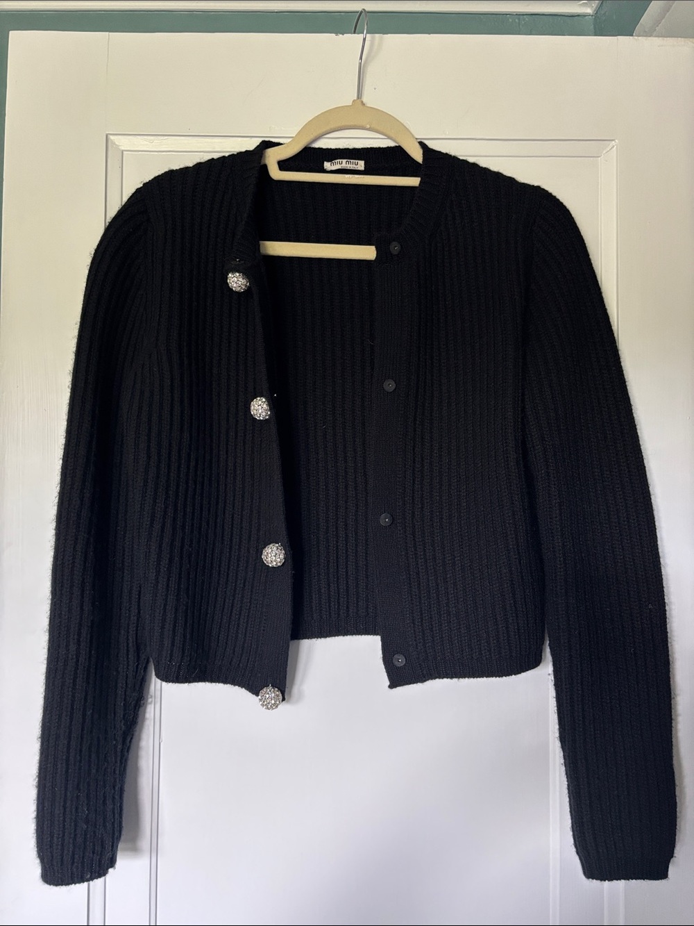 Miu Miu Black Ribbed Knit Cardigan with Crystal Buttons